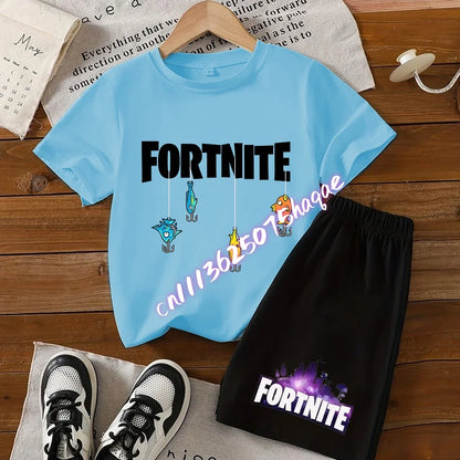 Summer Fortnite T-shirt Shorts for Boys and Girls Tee Pants Set 2pcs Children Clothing Tops T-shirts Fortress Night Print Tees Gift