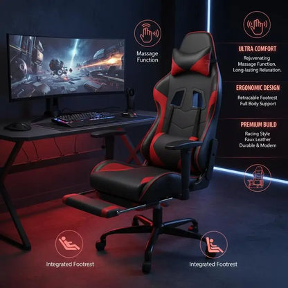 Massage Gaming Chair with Footrest, Reclining Ergonomic Gaming Chair, 360° Swivel Adjustable Height Gaming Chair in Black & Red Leather