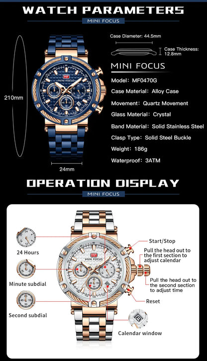 MINI FOCUS Black Stainless Steel Quartz Watch Men Fashion Luminous Dress Wristwatch with Date 24-hour Display Chronograph 0470