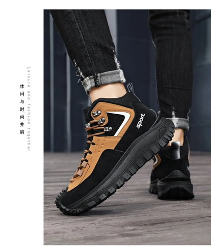 Black and Tan Mid-Top Hiking Boots Suede and Leather Platform Sneakers Non-Slip Outdoor Casual Shoes with Rugged Sole for All