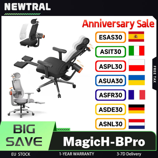 NEWTRAL MagicH-BPro Ergonomic Chair with Footrest, Auto-Following Backrest, Adjustable Lumbar Support, Headrest & Reclining Office Chair
