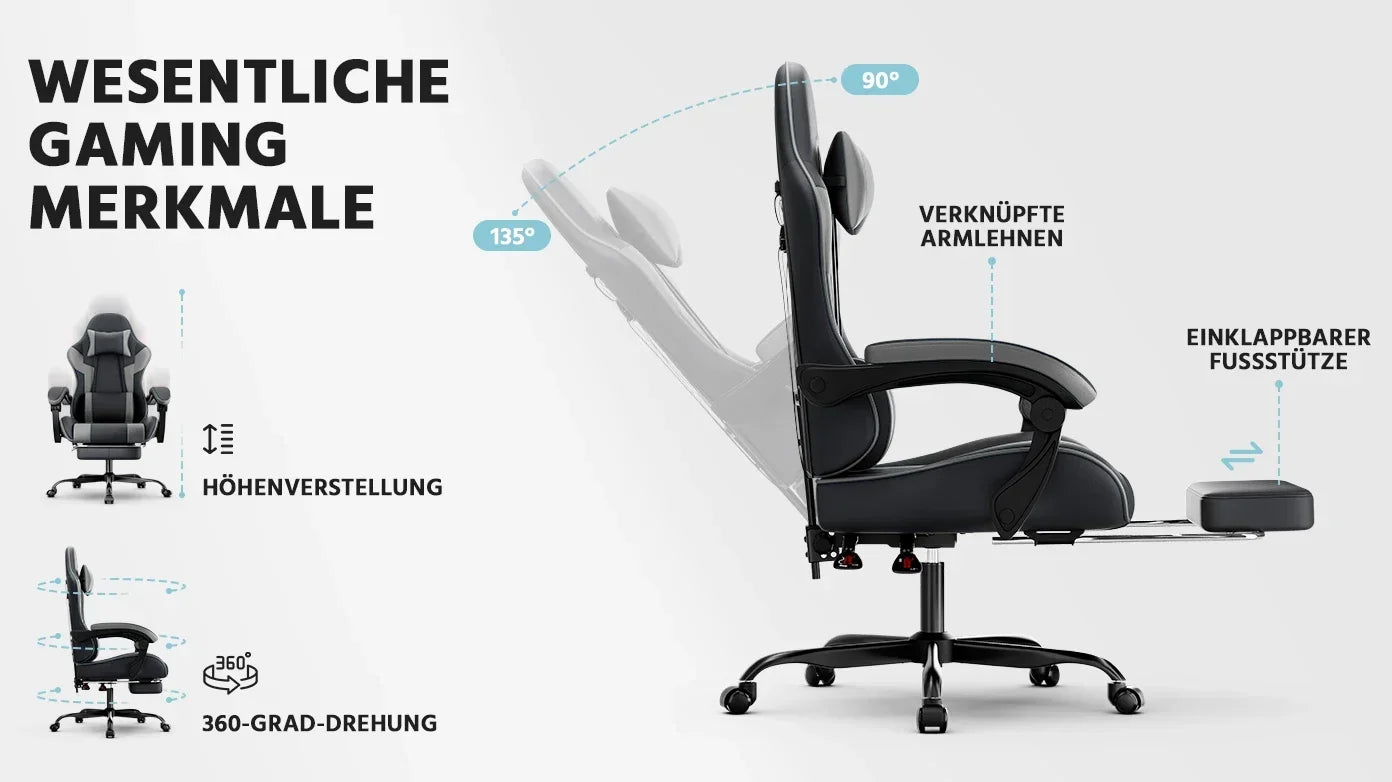 Ergonomic Gaming Chair with Lumbar Support, Adjustable Reclining PC Gaming Chair, Breathable PU Leather Office Chair, 200kg Heavy Duty